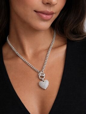 Silver Heart Pavé Pendant Necklace - Women Jewelry
